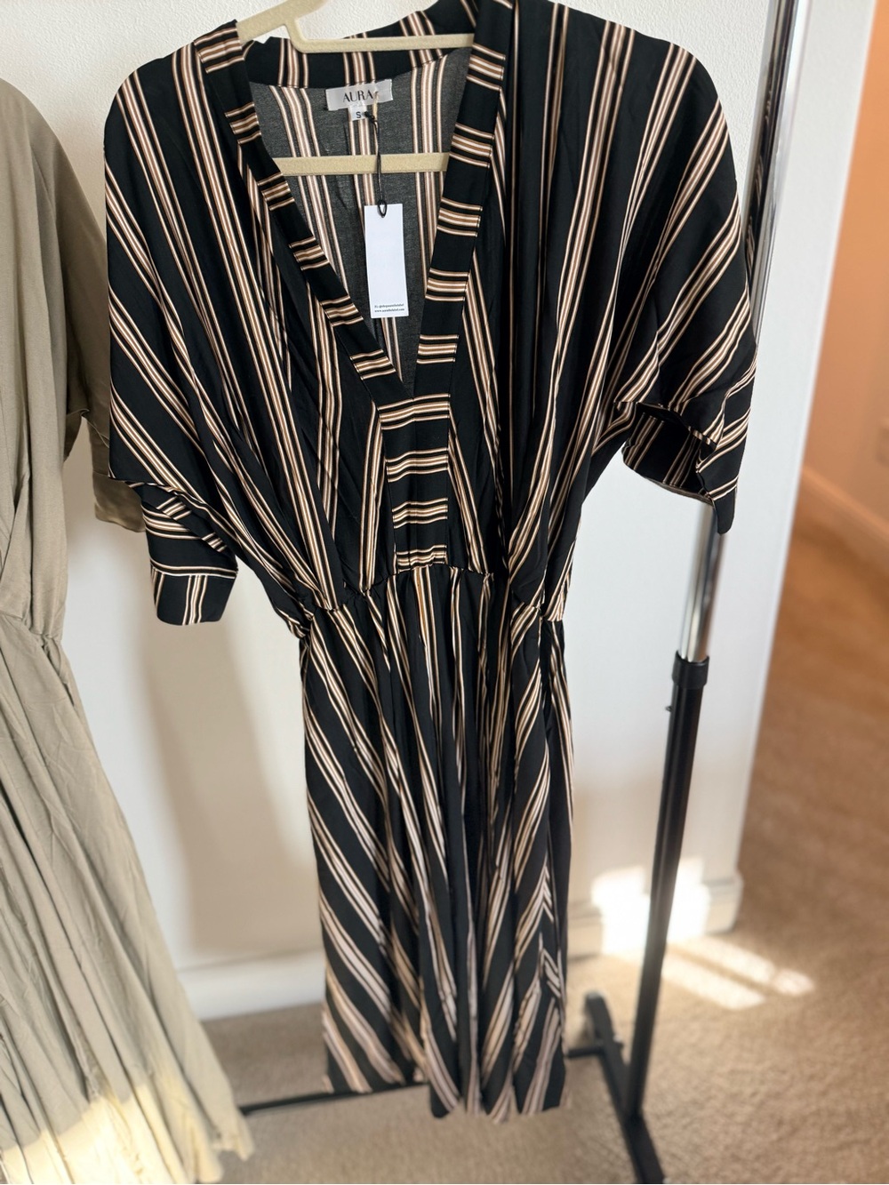 Aura Black and Beige Striped Maxi Dress